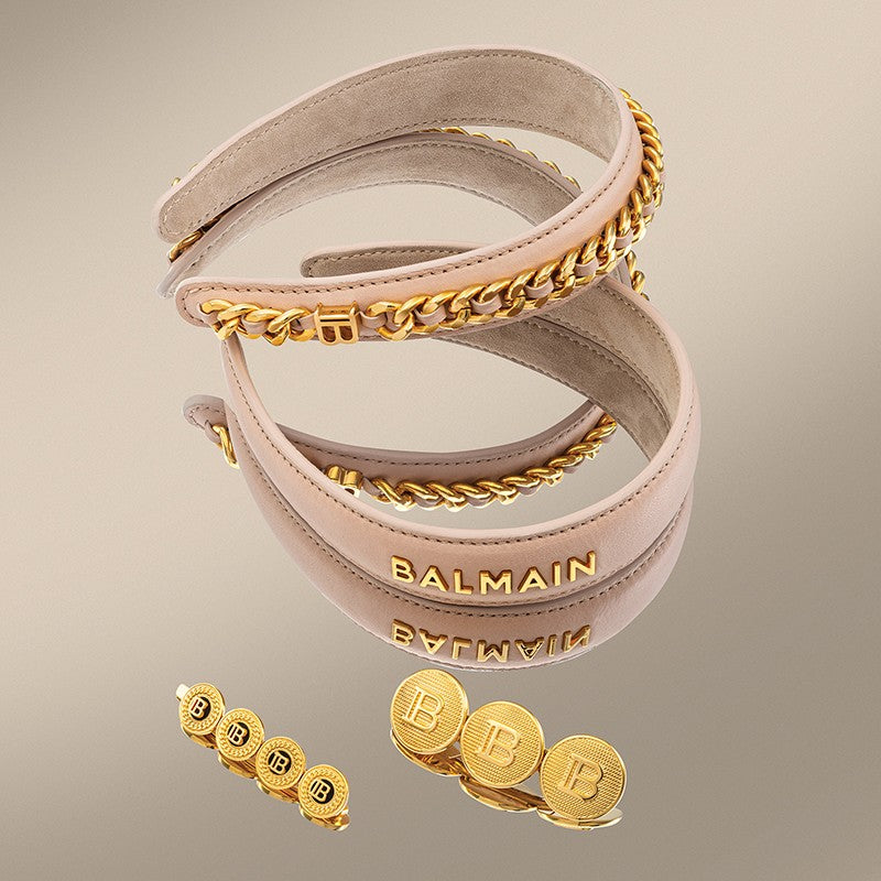 BALMAIN HAIR Leather Chain Golden Headband Pink napa nahast roosa peavõru kuldse ketiga, L, pilt 4