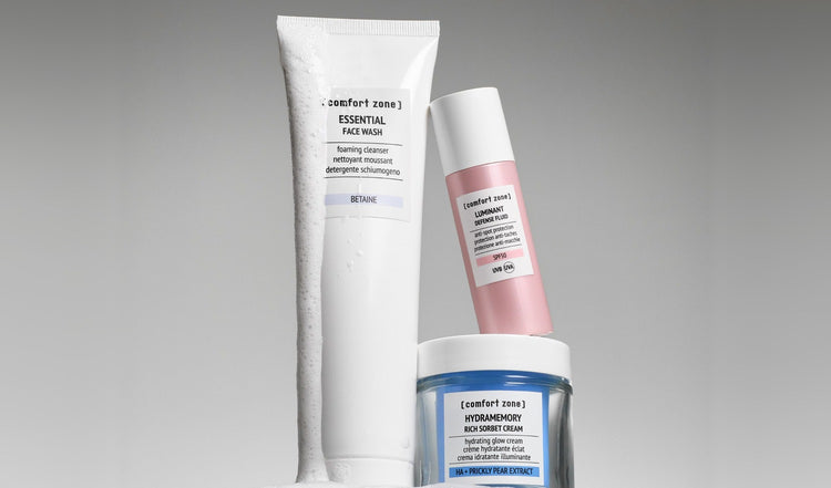 Comfort Zone Essential Face Wash, Luminant Defense Fluid ja Hydramemory Rich Sorbet Cream