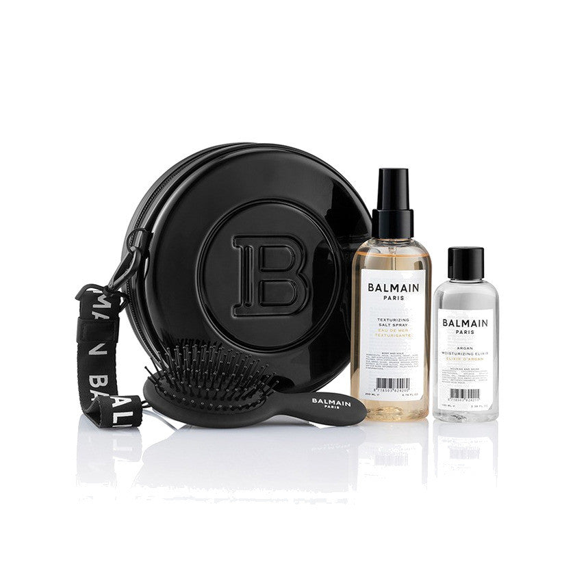 BALMAIN HAIR Backstage Session Case Black must kosmeetikakott eliksiiri, soolaspreiga ja harjaga