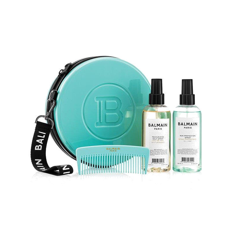 BALMAIN HAIR Backstage Session Case Turquoise türkiissinine kosmeetikakott päikesekaitse- ja soolaspreiga