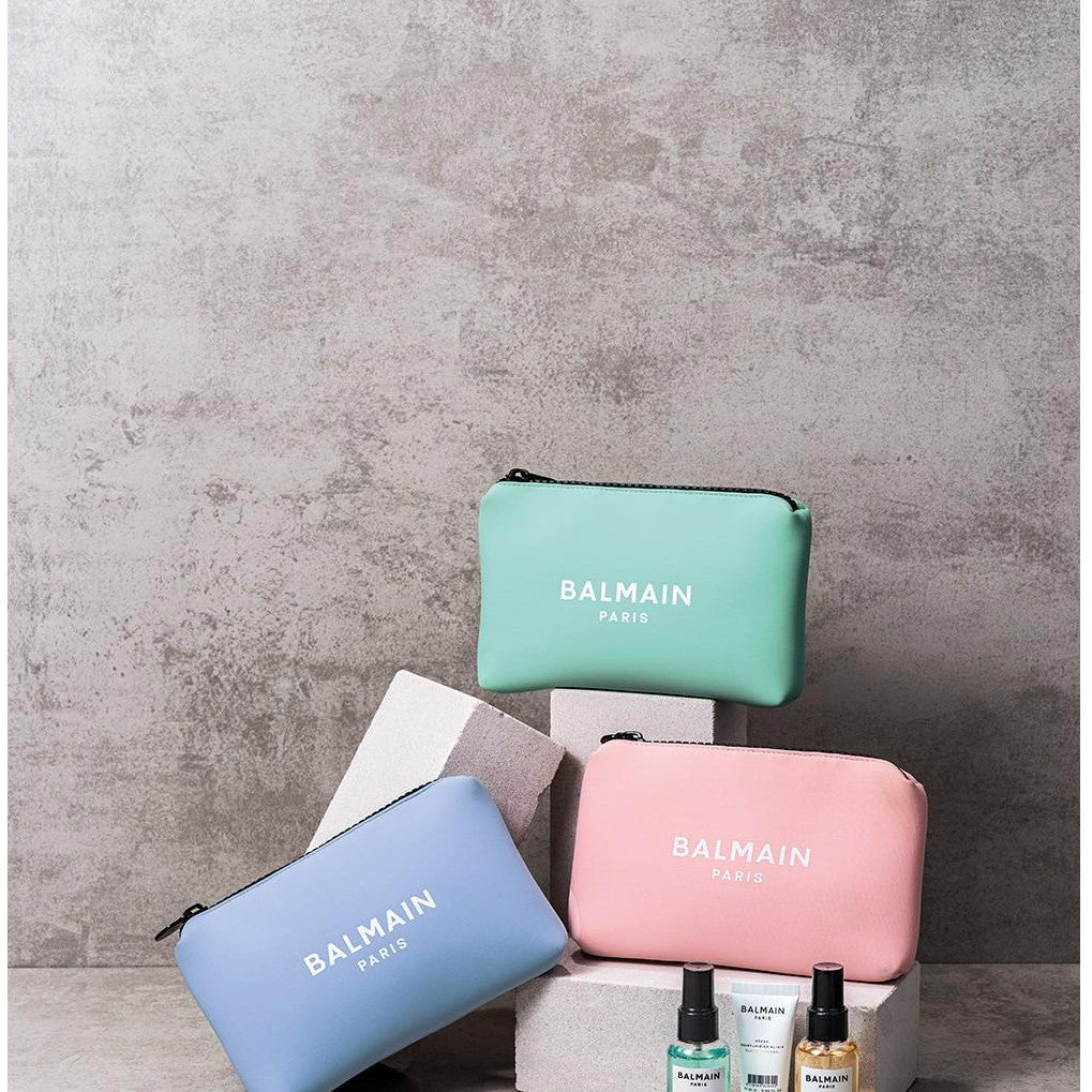 BALMAIN HAIR Cosmetic Bag Pink Travel roosa neopreenist kosmeetikakott reisisuuruses toodetega, pilt 2