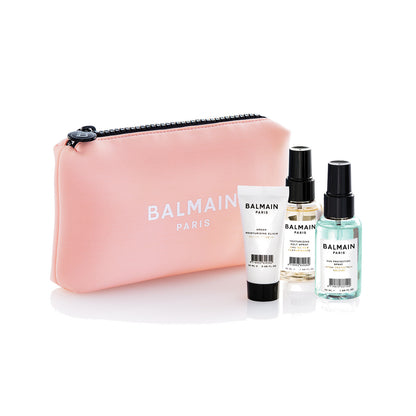 BALMAIN HAIR Cosmetic Bag Pink Travel roosa neopreenist kosmeetikakott reisisuuruses toodetega