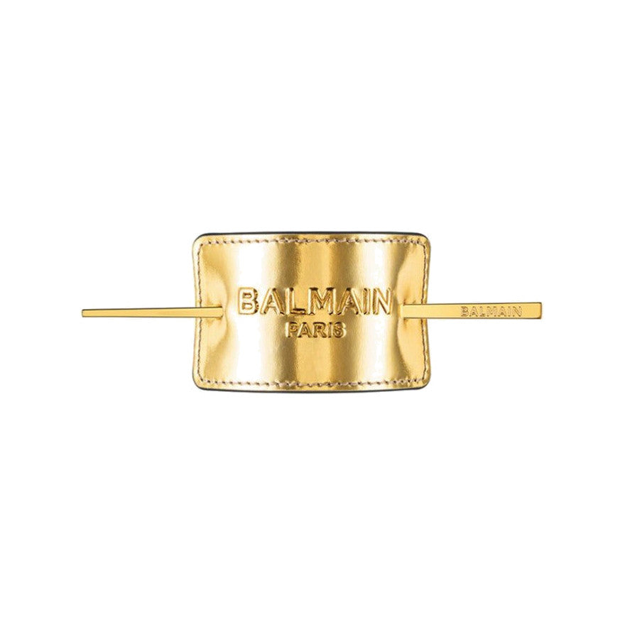 BALMAIN HAIR Genuine Leather Signature Hair Barrette Gold Logo nahast juukseklamber kuldse logoga