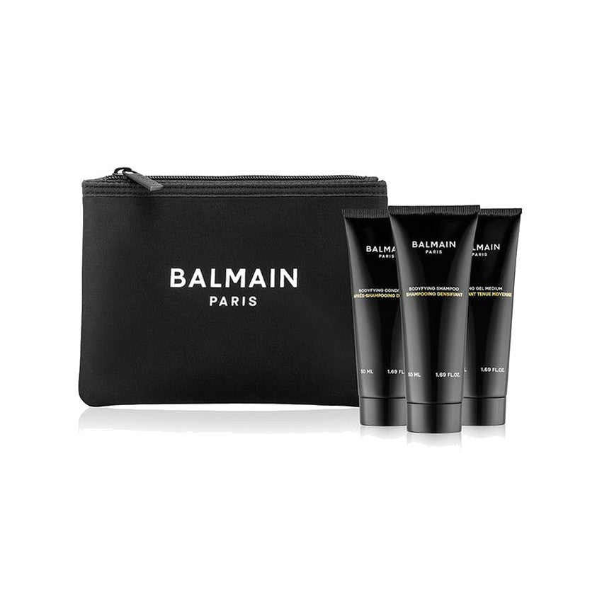 BALMAIN HAIR HOMME Hair Care Travel Gift Set Black juukseid tihendav reisikomplekt meestele kosmeetikakotiga