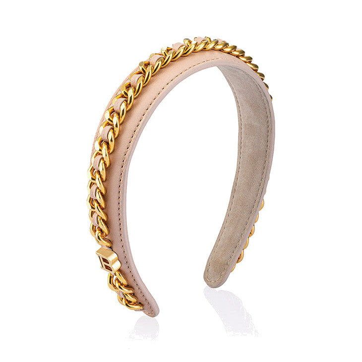 BALMAIN HAIR Leather Chain Golden Headband Pink napa nahast roosa peavõru kuldse ketiga, L