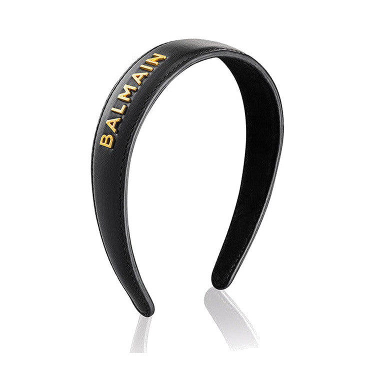 BALMAIN HAIR Leather Headband BALMAIN Logo Gold & Black napa nahast must peavõru, L