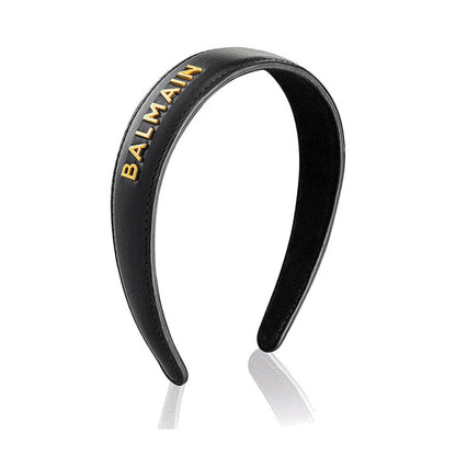 BALMAIN HAIR Leather Headband BALMAIN Logo Gold & Black napa nahast must peavõru, L