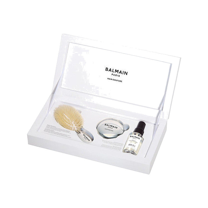 BALMAIN HAIR Mini Silver Spa Brush and Mirror Set hõbedane mini juuksehari, peegel ja juustesse jäetav spreipalsam