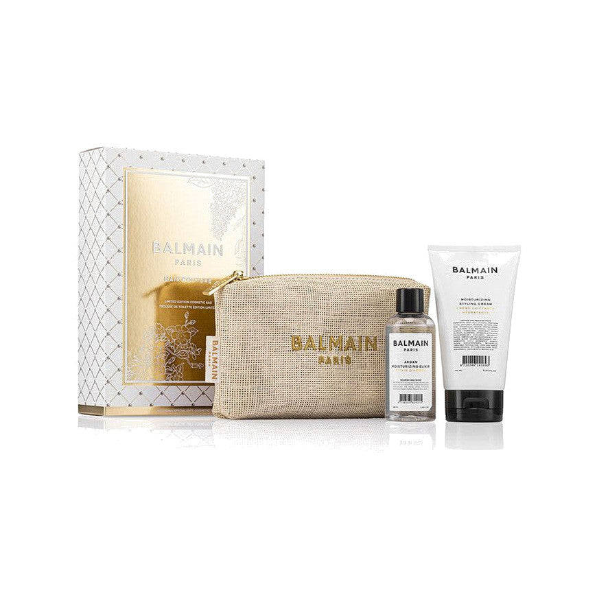 BALMAIN HAIR Raffia Cosmetic Bag with 2 Products raffia kosmeetikakott soengukreemi ja argaaniaeliksiiriga