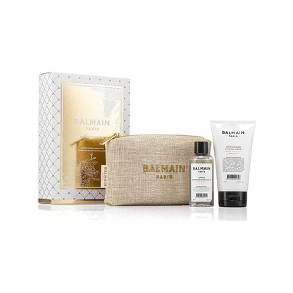 BALMAIN HAIR Raffia Cosmetic Bag with 2 Products raffia kosmeetikakott soengukreemi ja argaaniaeliksiiriga