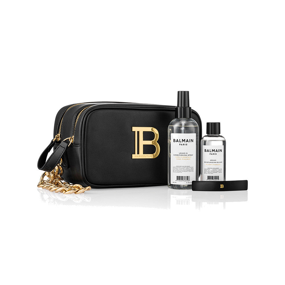 BALMAIN HAIR Signature Vegan Pouch Black & Gold vegan-nahast kosmeetikakott toodete ja juukseklambriga