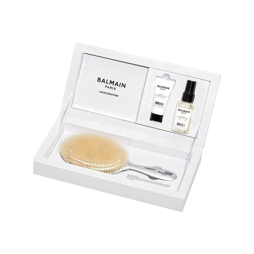 BALMAIN HAIR Silver Spa Brush Set hõbedane juuksehari, läikesprei ja argaaniaeliksiir