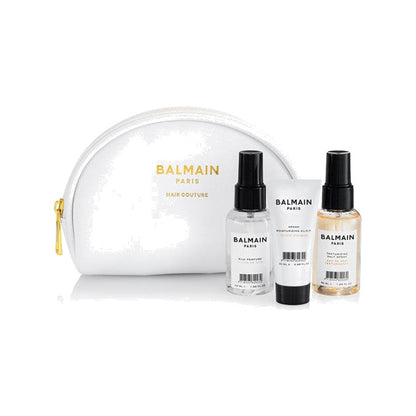 BALMAIN HAIR Styling Line Cosmetic Bag White nahast kosmeetikakott reisisuuruses toodetega